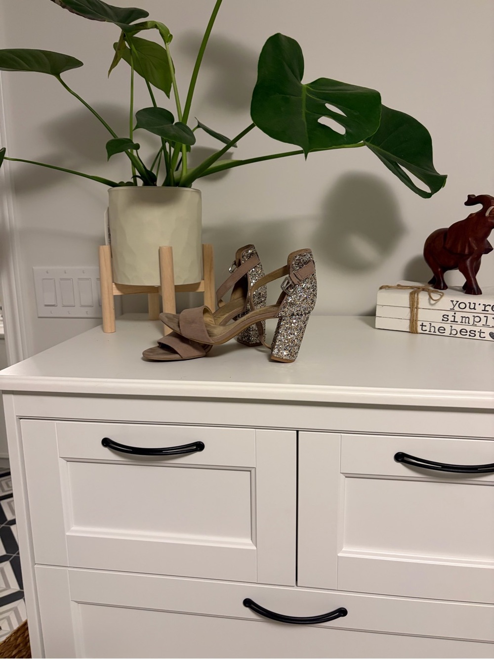 Old Navy Taupe Suede Sandals with Glitter Block Heel
